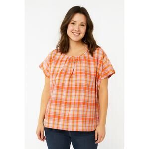 Madewell Women Enamel Red June Hero Plaid Shirred Short Sleeve Top size Small